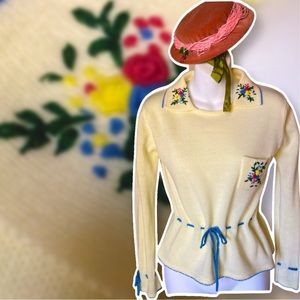 Vintage 100% virgin acrylic embroidery flowers Drawstring waist sweater